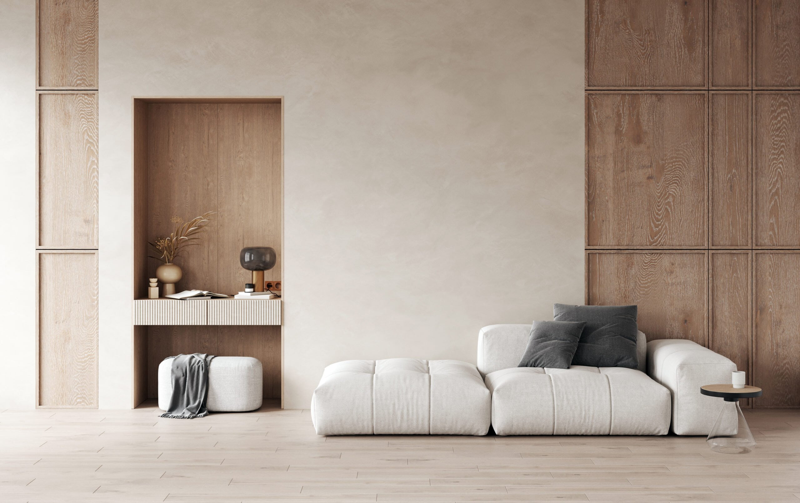 3d rendering of modern living room with white sofa, home desk in